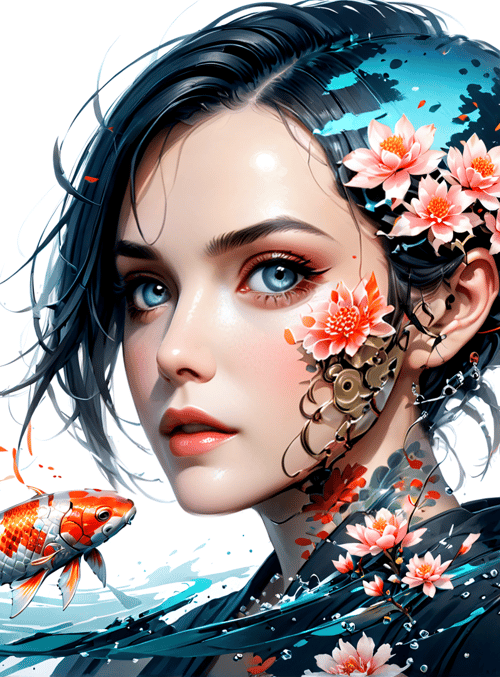 woman, koi fish, flowers, feather, mechanical gear