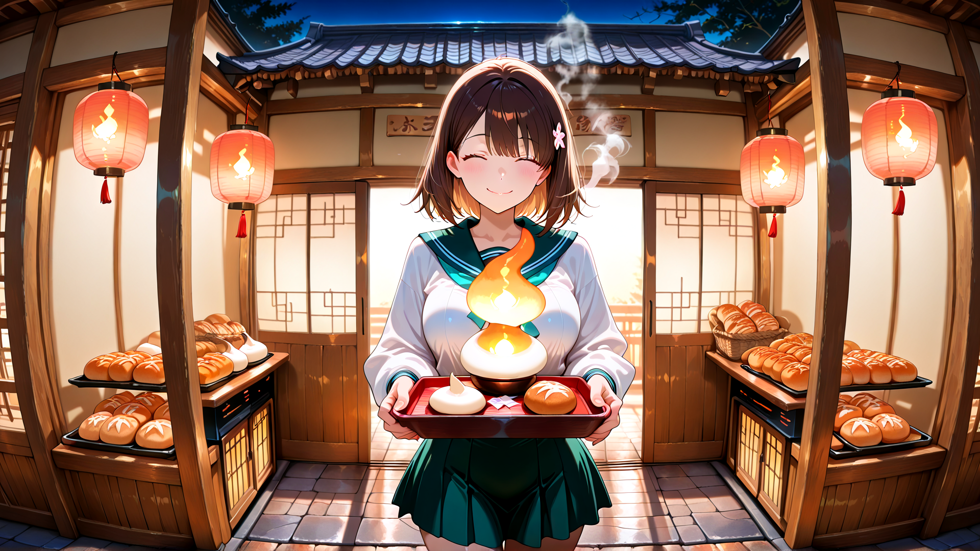 AI generated wallpaper featuring girl, bread, lantern, baker, tray, sailor uniform, bakery, steamer, buns, cherry blossom