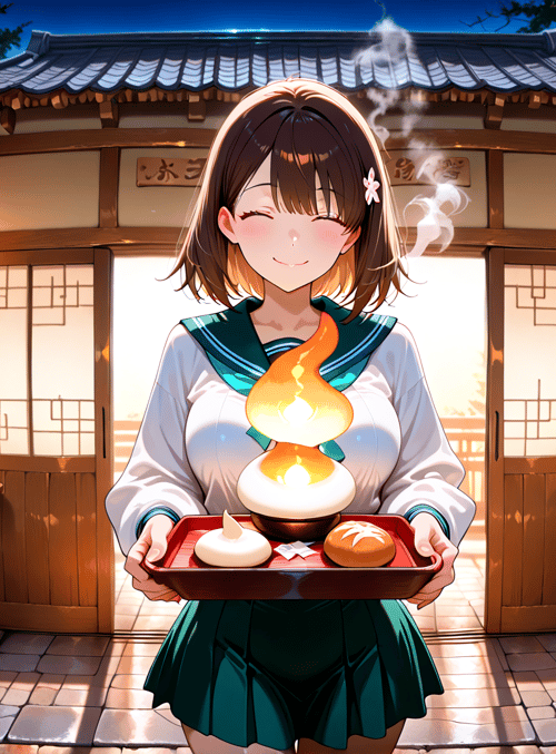 girl, bread, lantern, baker, tray, sailor uniform, bakery, steamer, buns, cherry blossom