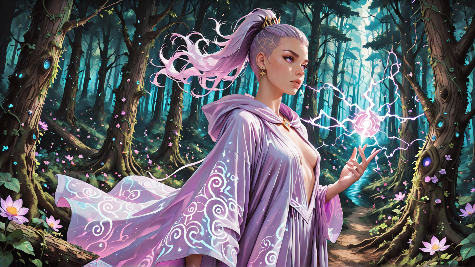 AI generated wallpaper featuring woman, magic, forest, trees, flowers, cloak