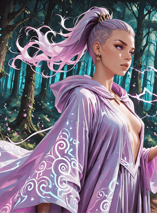 woman, magic, forest, trees, flowers, cloak
