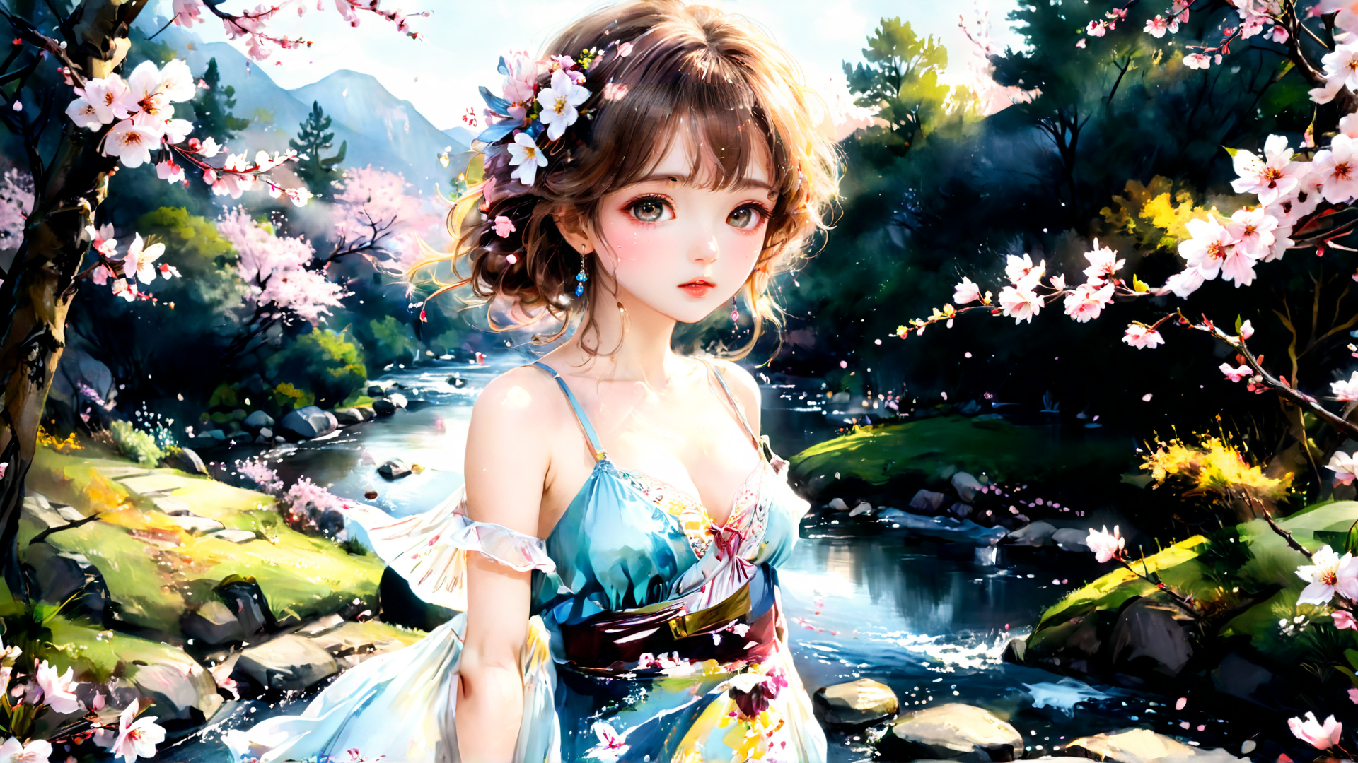 AI generated wallpaper featuring girl, cherry blossoms, river