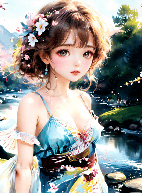 girl, cherry blossoms, river