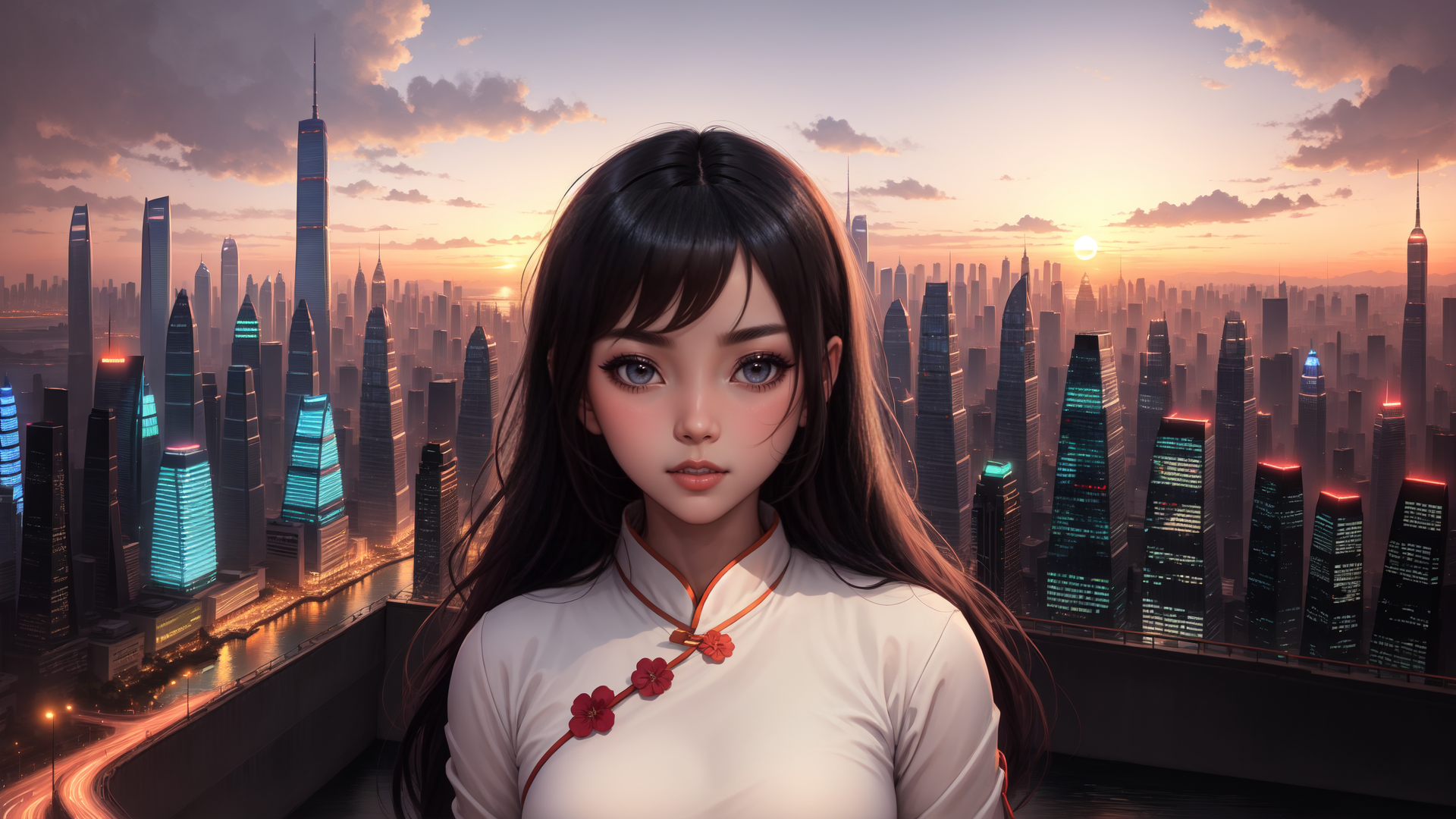 AI generated wallpaper featuring woman, cityscape, sunset
