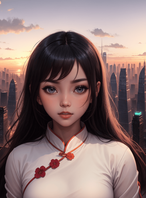 woman, cityscape, sunset