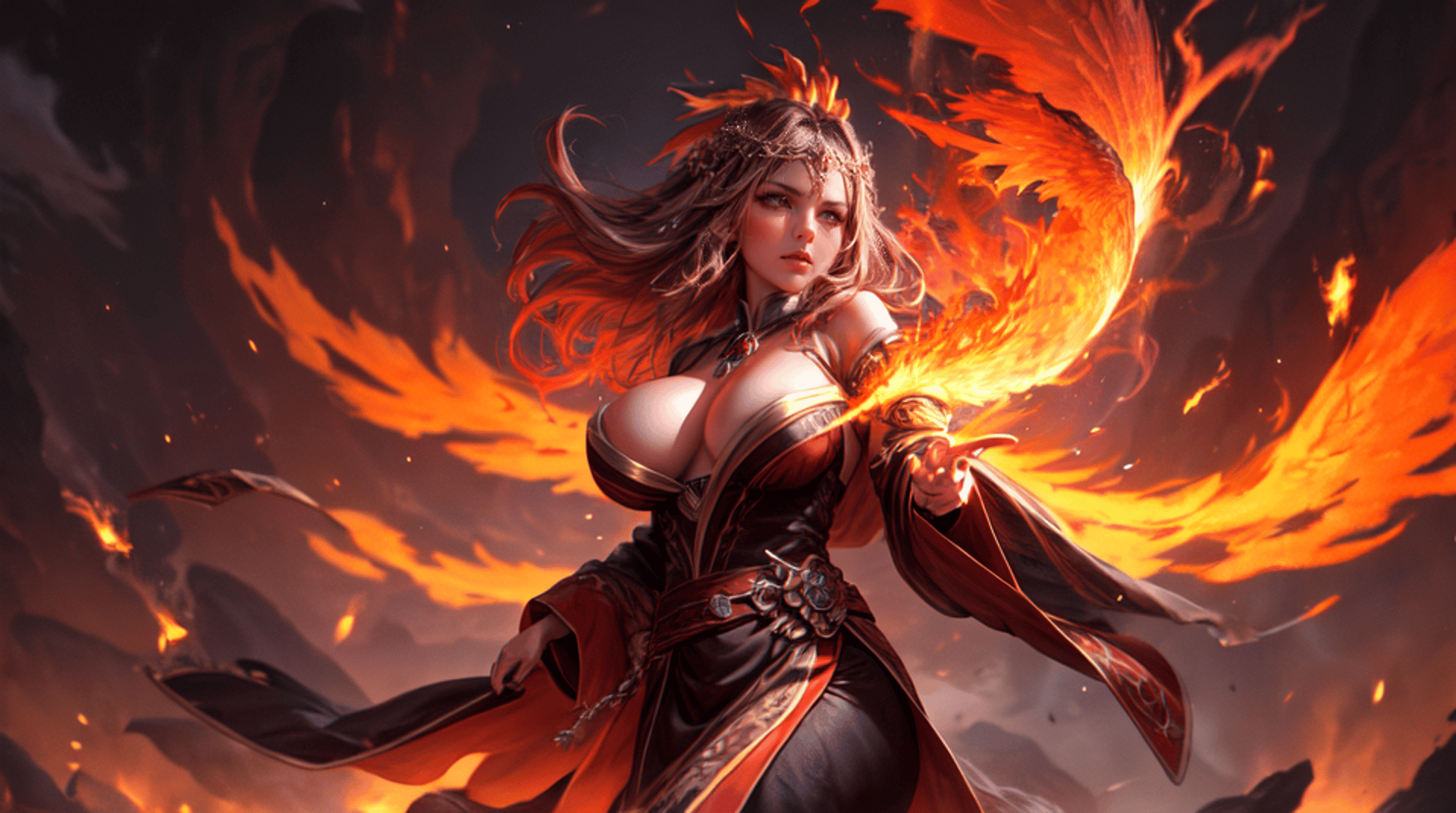 AI generated wallpaper featuring woman, phoenix, fire