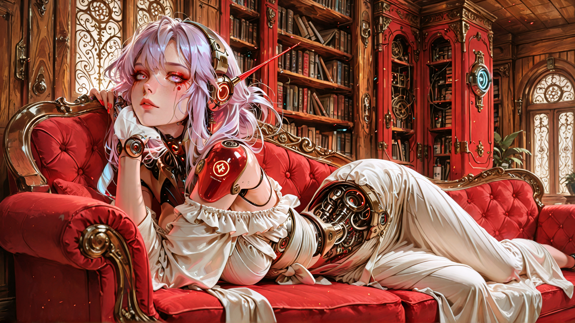 AI generated wallpaper featuring cyborg, woman, sofa, bookshelf, headphones, mechanical arm, dress, library, red couch, steampunk