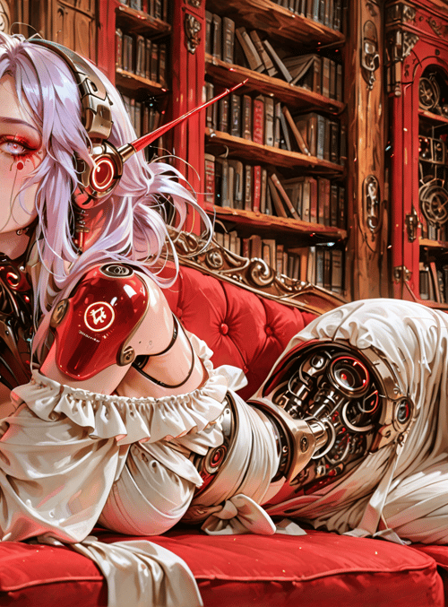 cyborg, woman, sofa, bookshelf, headphones, mechanical arm, dress, library, red couch, steampunk