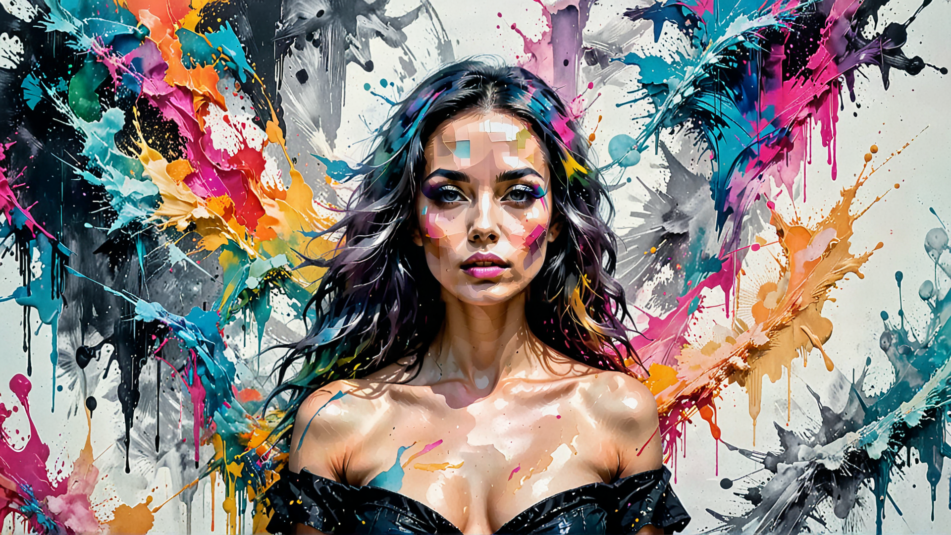 AI generated wallpaper featuring woman, paint, art, splash, color