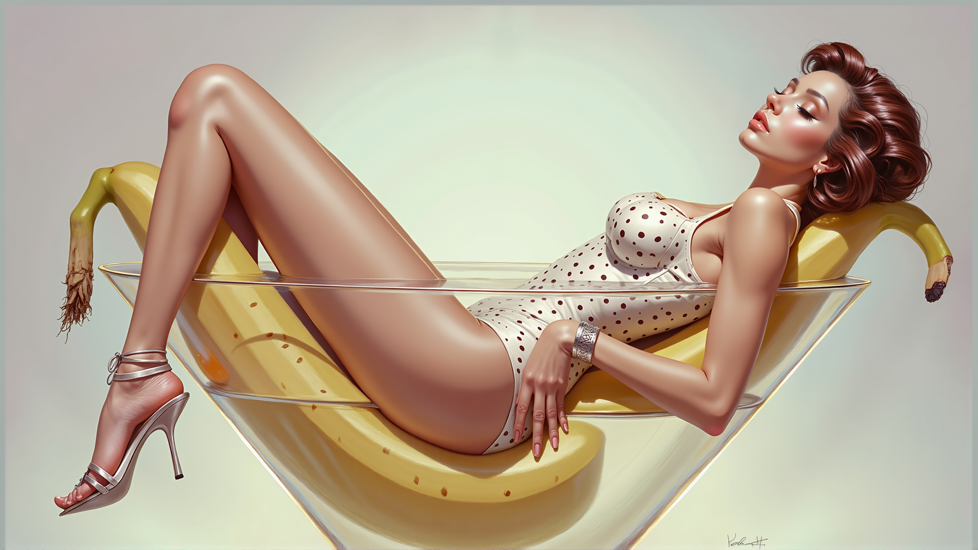 AI generated wallpaper featuring woman, banana, high heels, dress, glass, heels, glasses, bottle