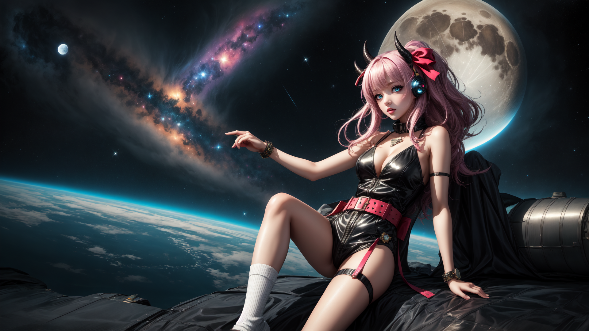 AI generated wallpaper featuring girl, space, moon, galaxy, headphones, horn, cape, spacecraft, socks, belt