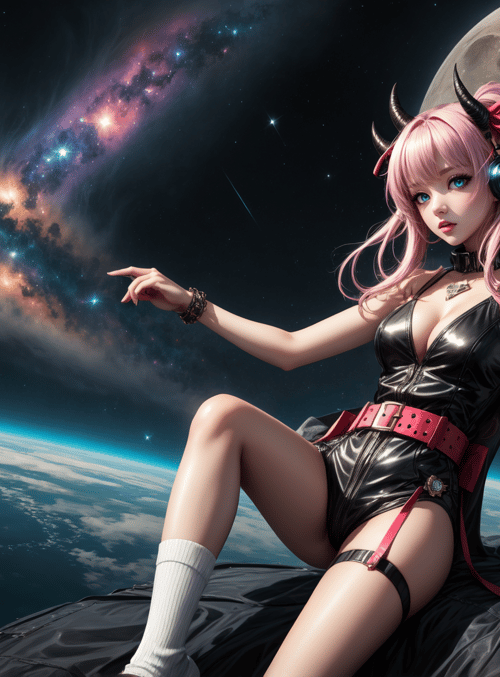 girl, space, moon, galaxy, headphones, horn, cape, spacecraft, socks, belt