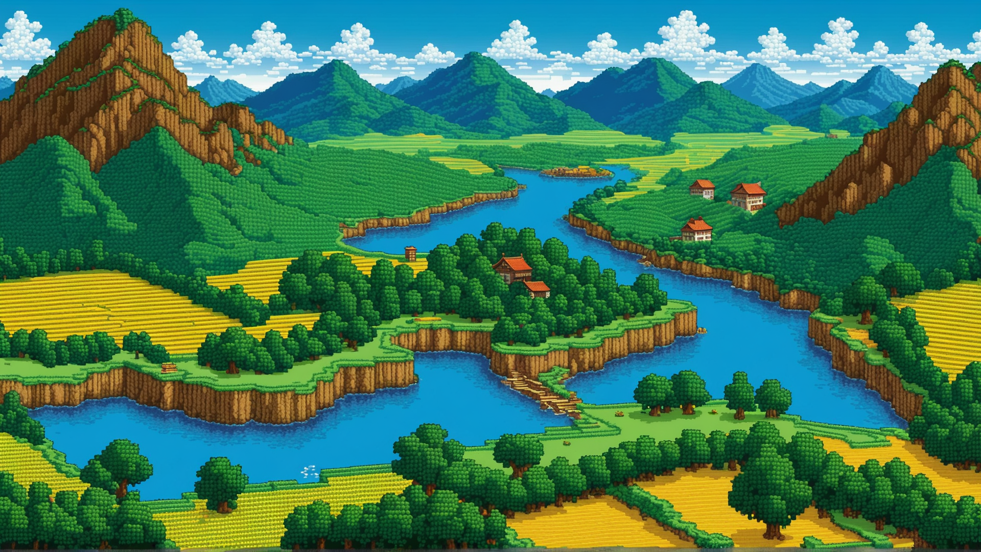 AI generated wallpaper featuring landscape, river, mountains
