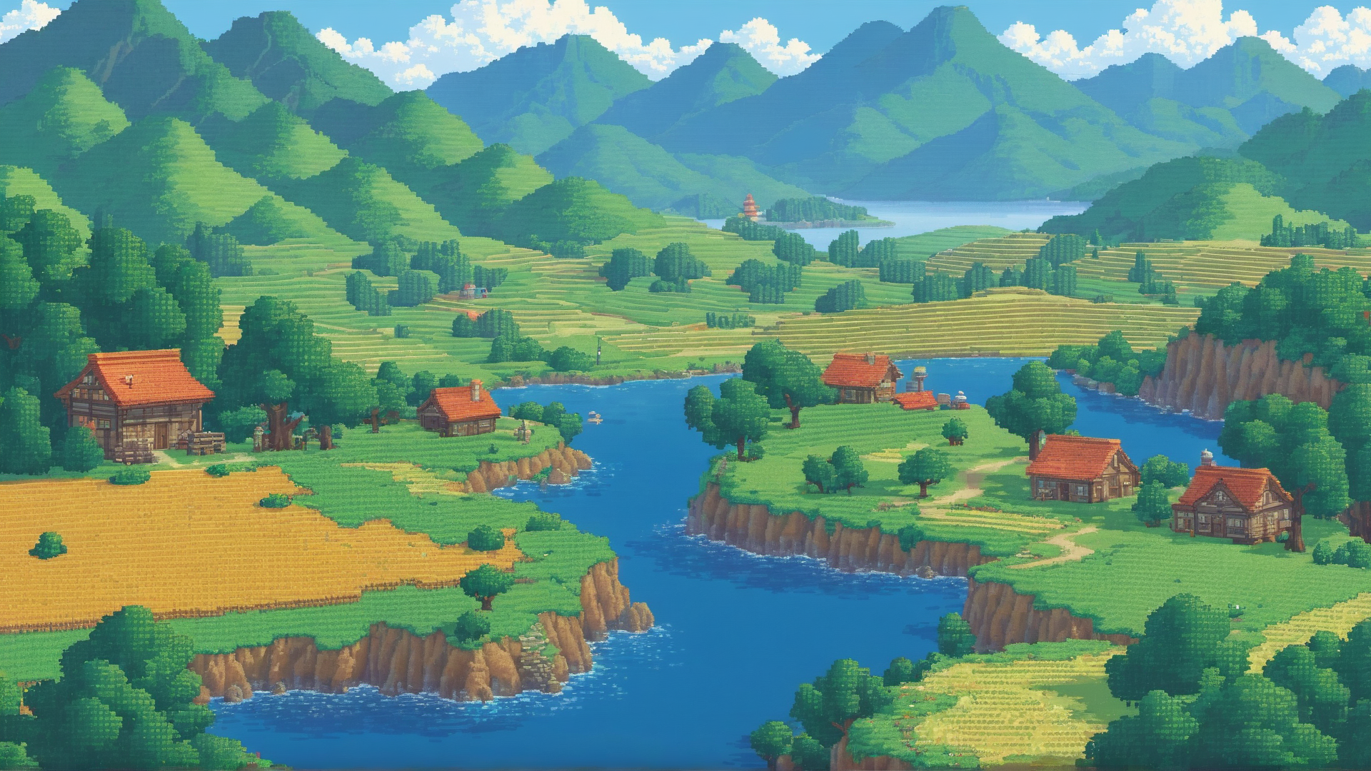 AI generated wallpaper featuring village, river, mountains