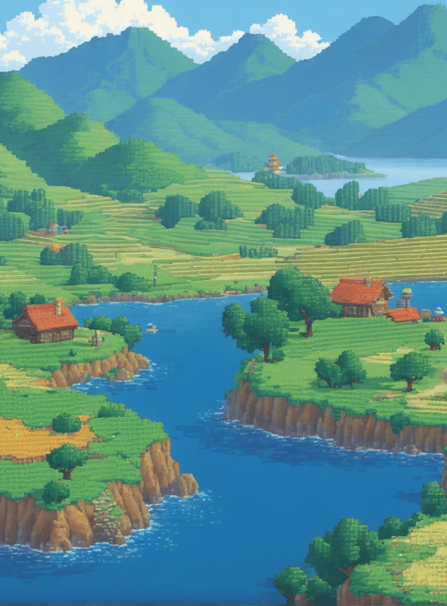 village, river, mountains