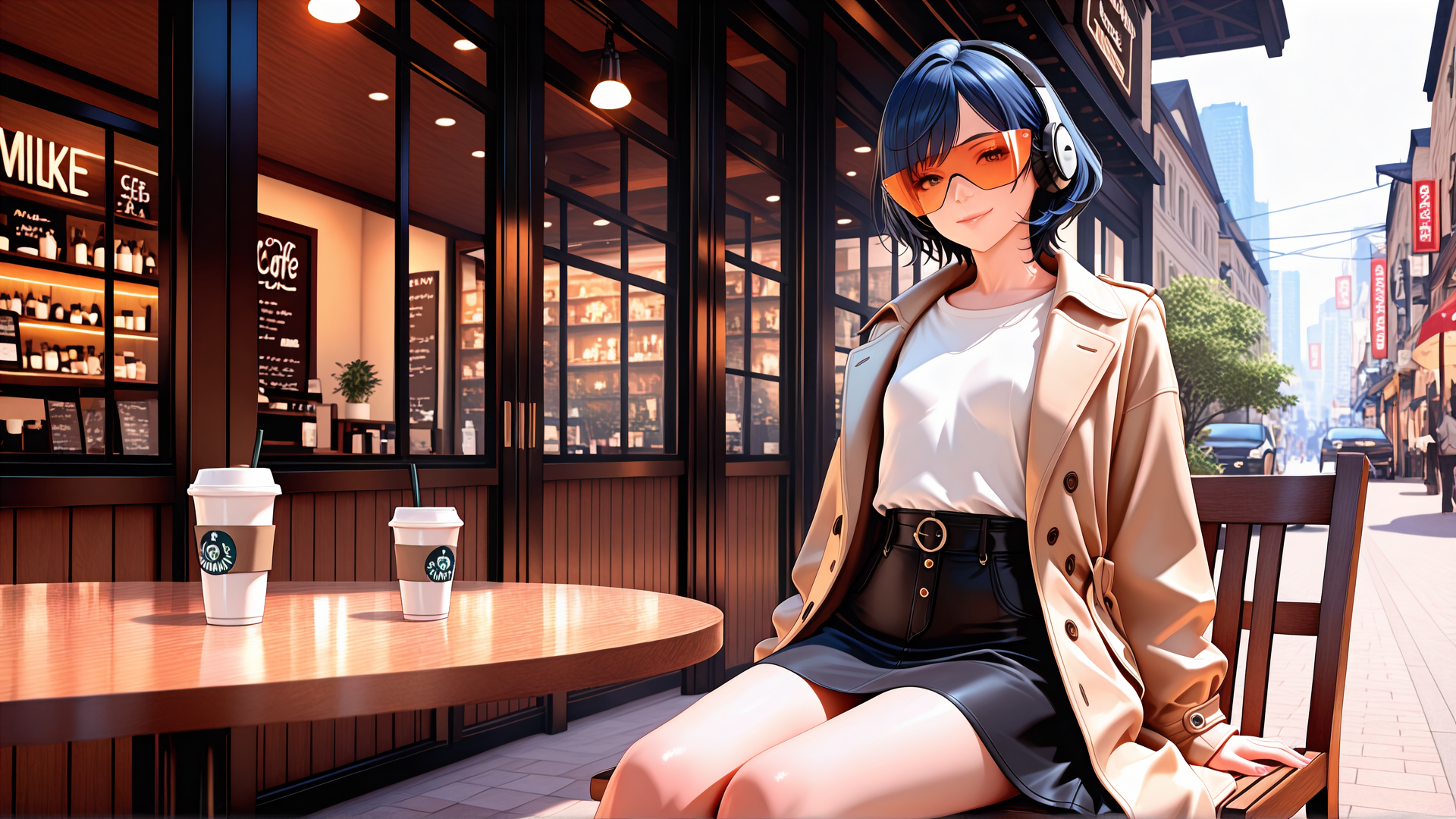 AI generated wallpaper featuring woman, coffee shop, street, headphones, sunglasses, coat, skirt, table, cup, city