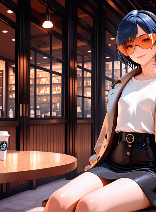 woman, coffee shop, street, headphones, sunglasses, coat, skirt, table, cup, city
