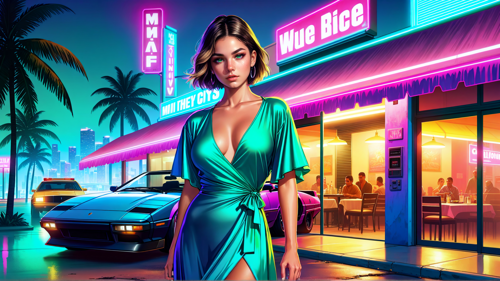 AI generated wallpaper featuring woman, car, restaurant