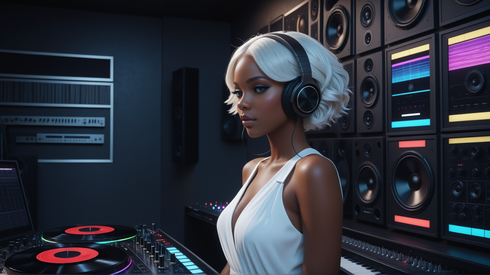AI generated wallpaper featuring woman, headphones, turntable, speakers, mixing console, keyboard, studio