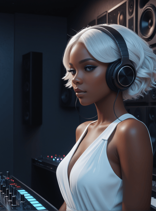 woman, headphones, turntable, speakers, mixing console, keyboard, studio