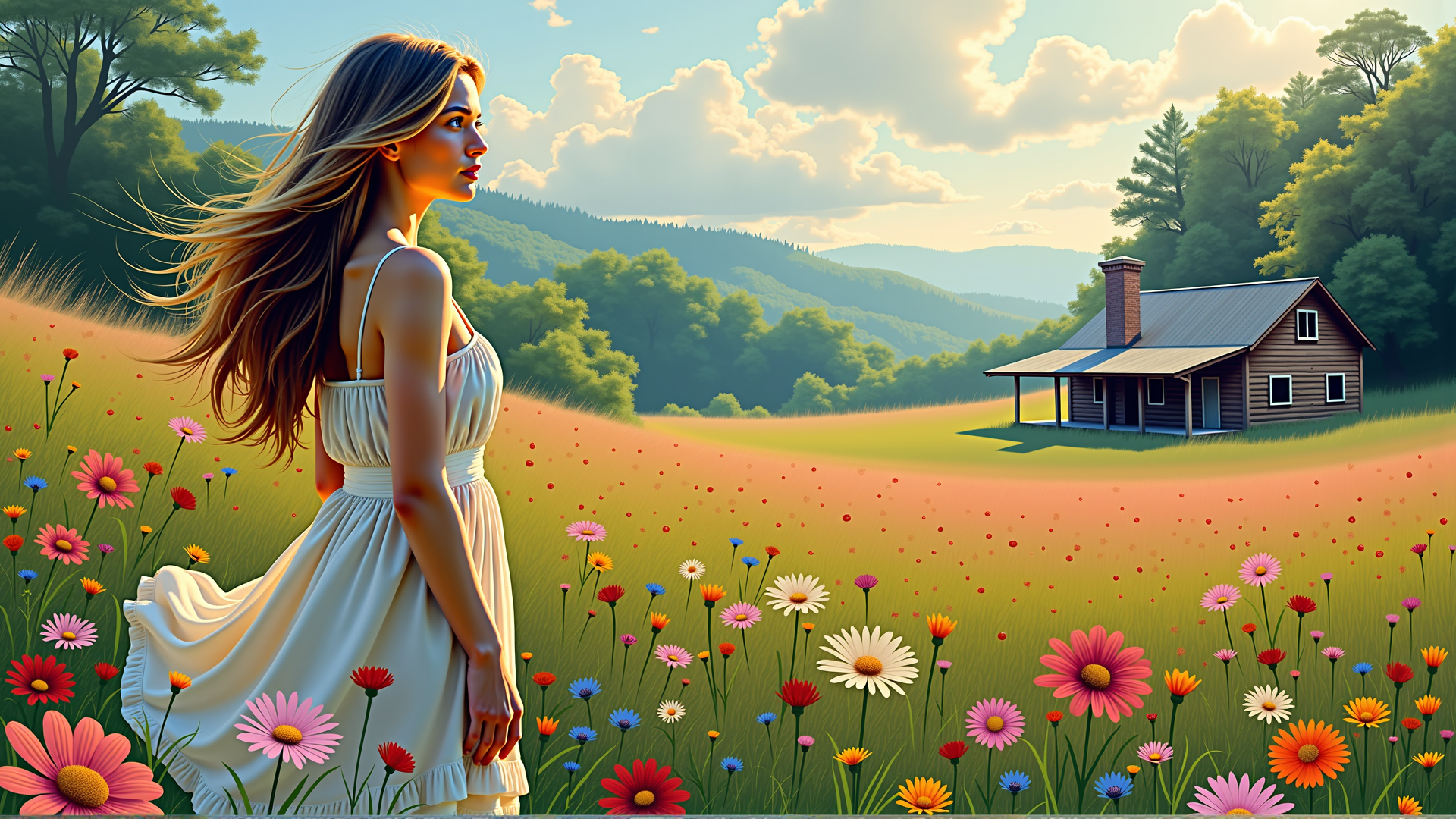 AI generated wallpaper featuring woman, flowers, house, field, trees, mountains