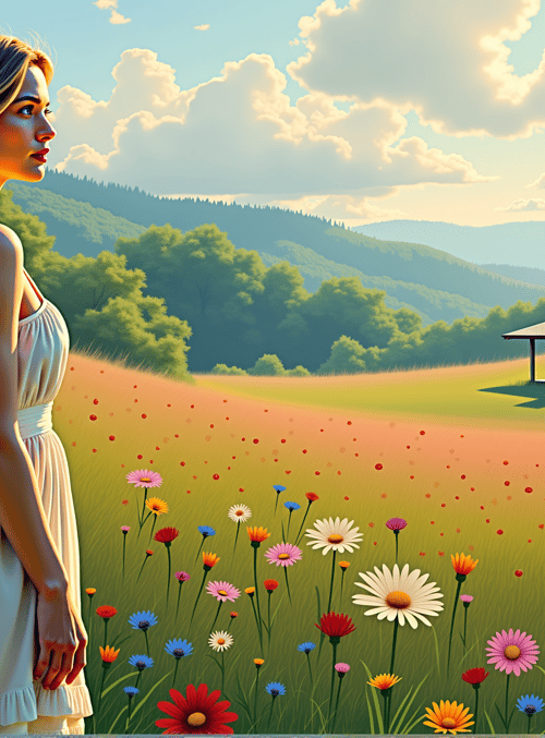 woman, flowers, house, field, trees, mountains