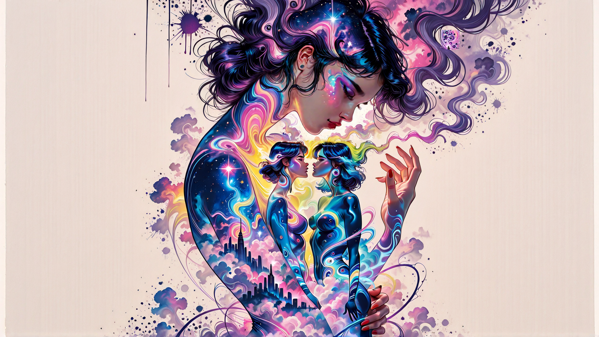 AI generated wallpaper featuring woman, stars, cityscape, soul, surreal