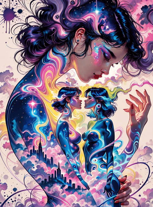 woman, stars, cityscape, soul, surreal