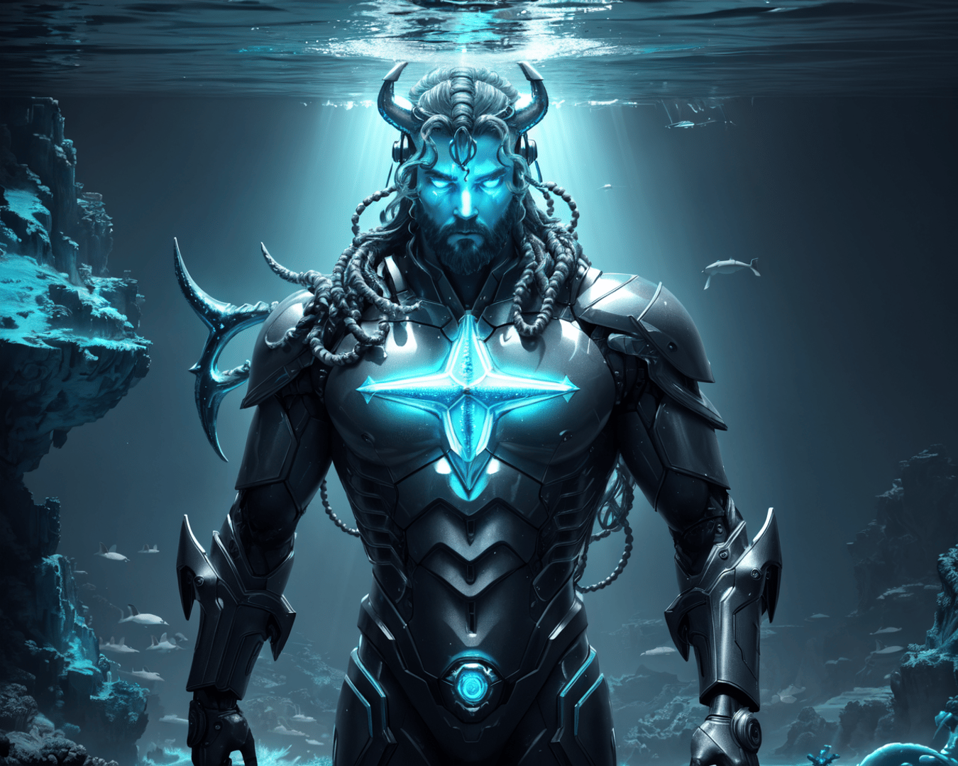 AI generated wallpaper featuring god, armor, underwater