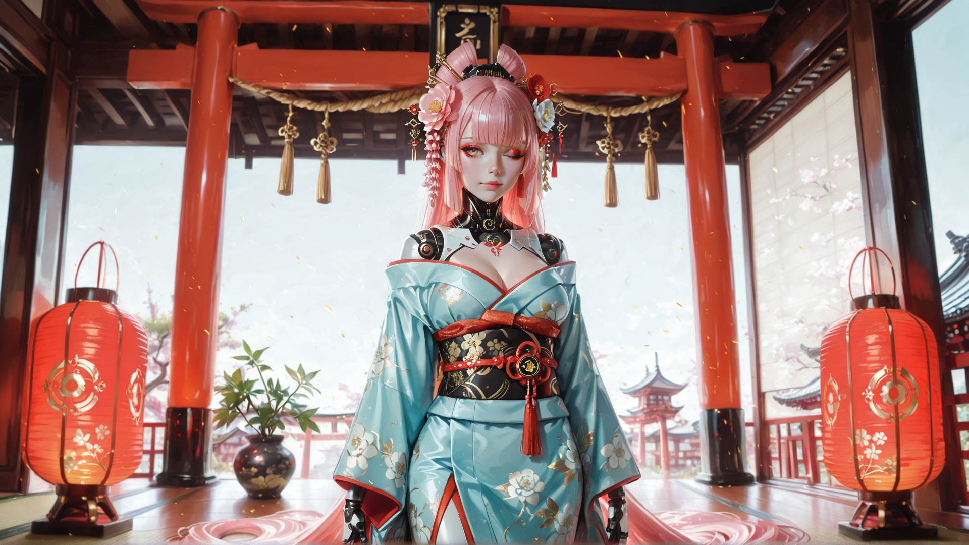 AI generated wallpaper featuring girl, geisha, cyborg, lantern, kimono, cherry blossom, pagoda, vase, lantern, flower