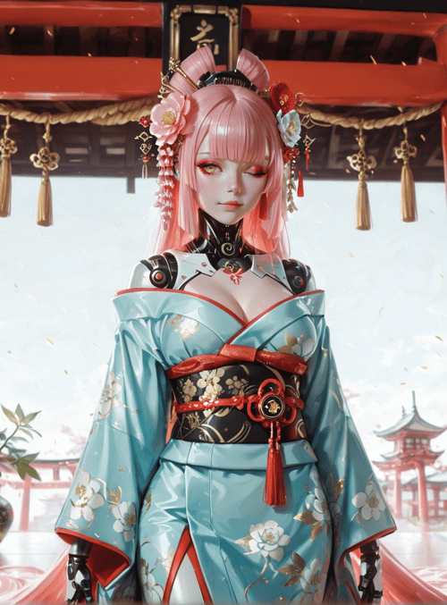 girl, geisha, cyborg, lantern, kimono, cherry blossom, pagoda, vase, lantern, flower