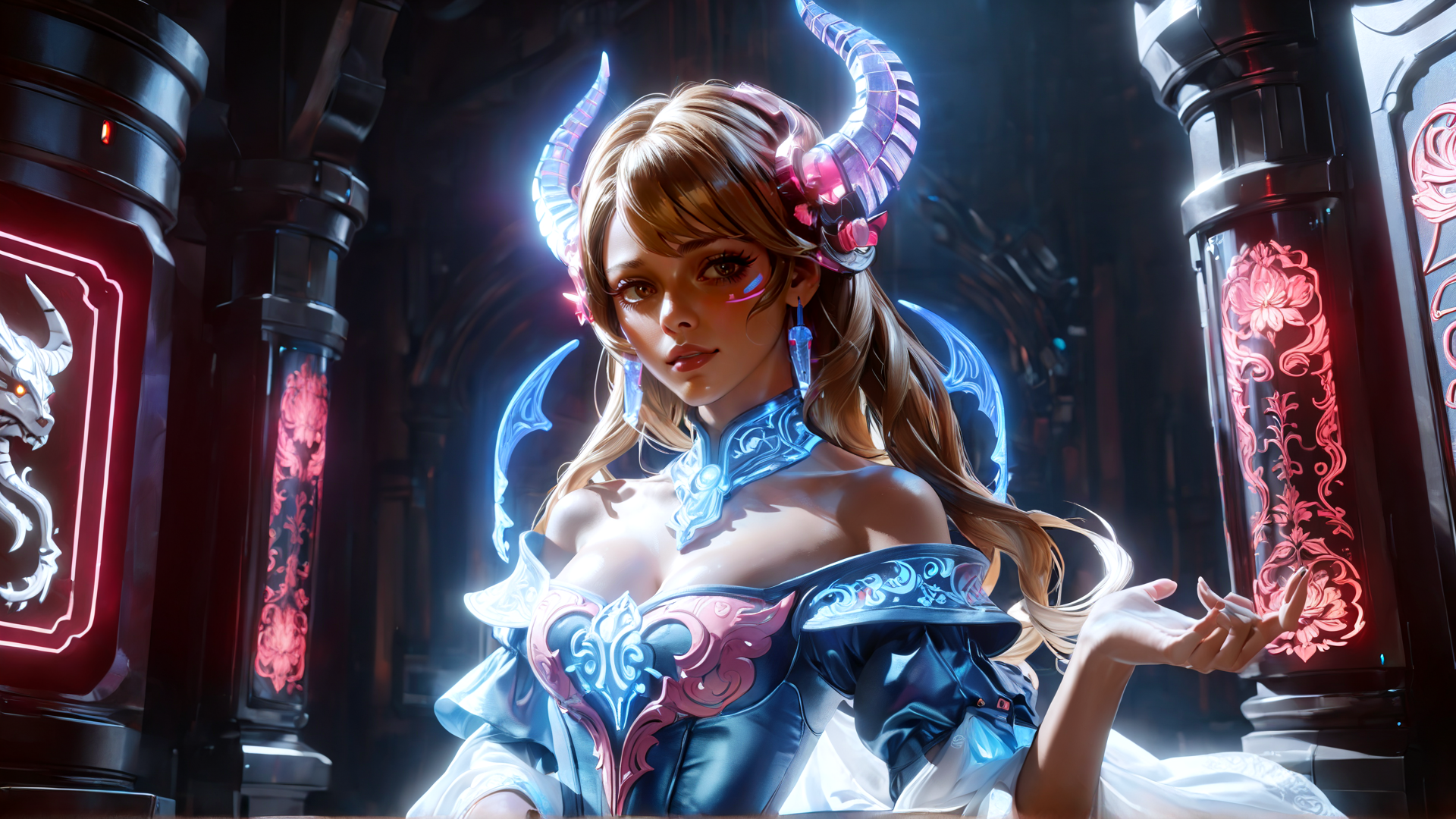 AI generated wallpaper featuring woman, horn, dress, neon, dragon, cyberpunk, angel, goddess, coral, cylinder