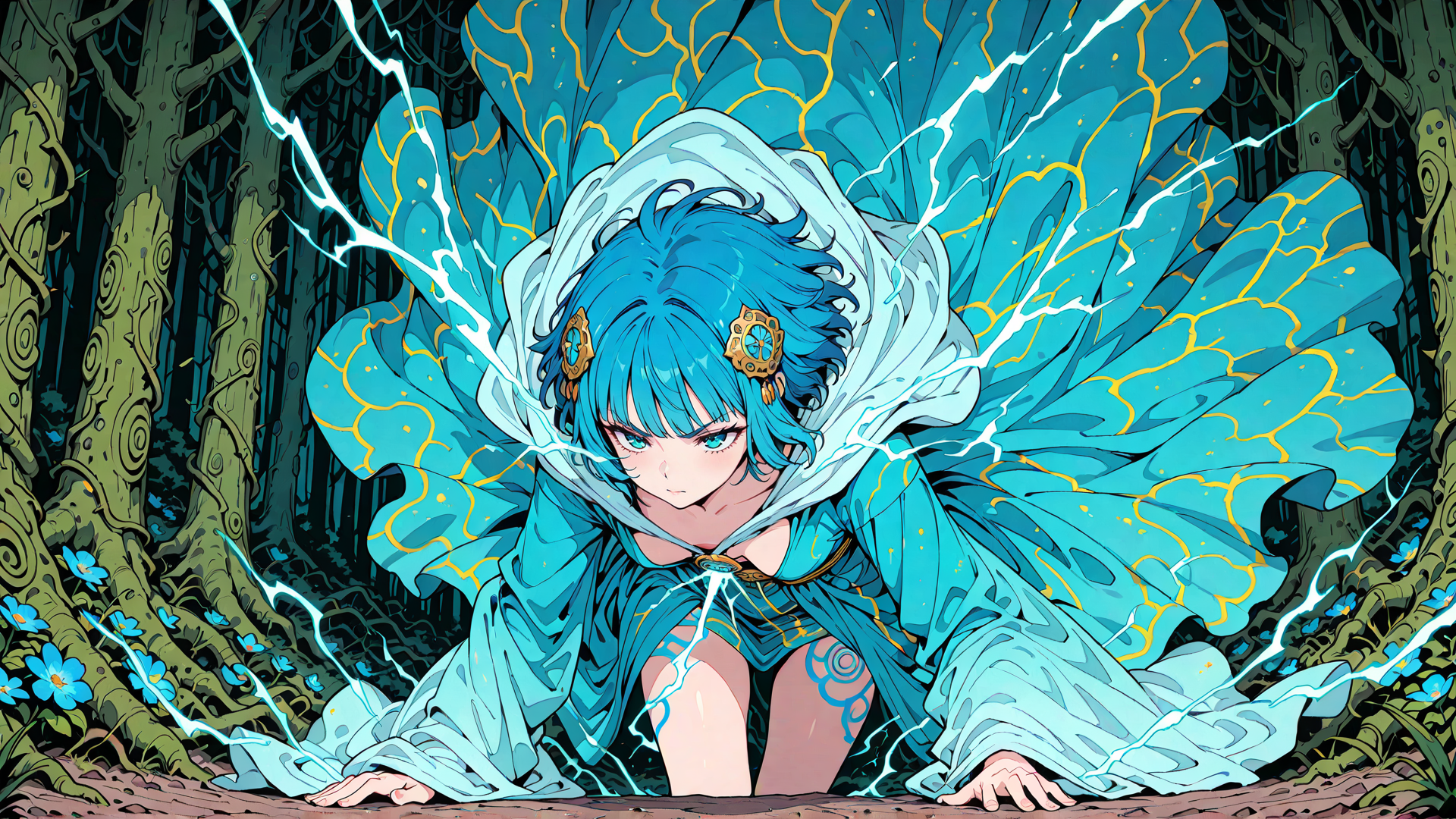 AI generated wallpaper featuring fairy, angel, girl, forest, butterfly, trees, flowers, lightning, wings, tattoo