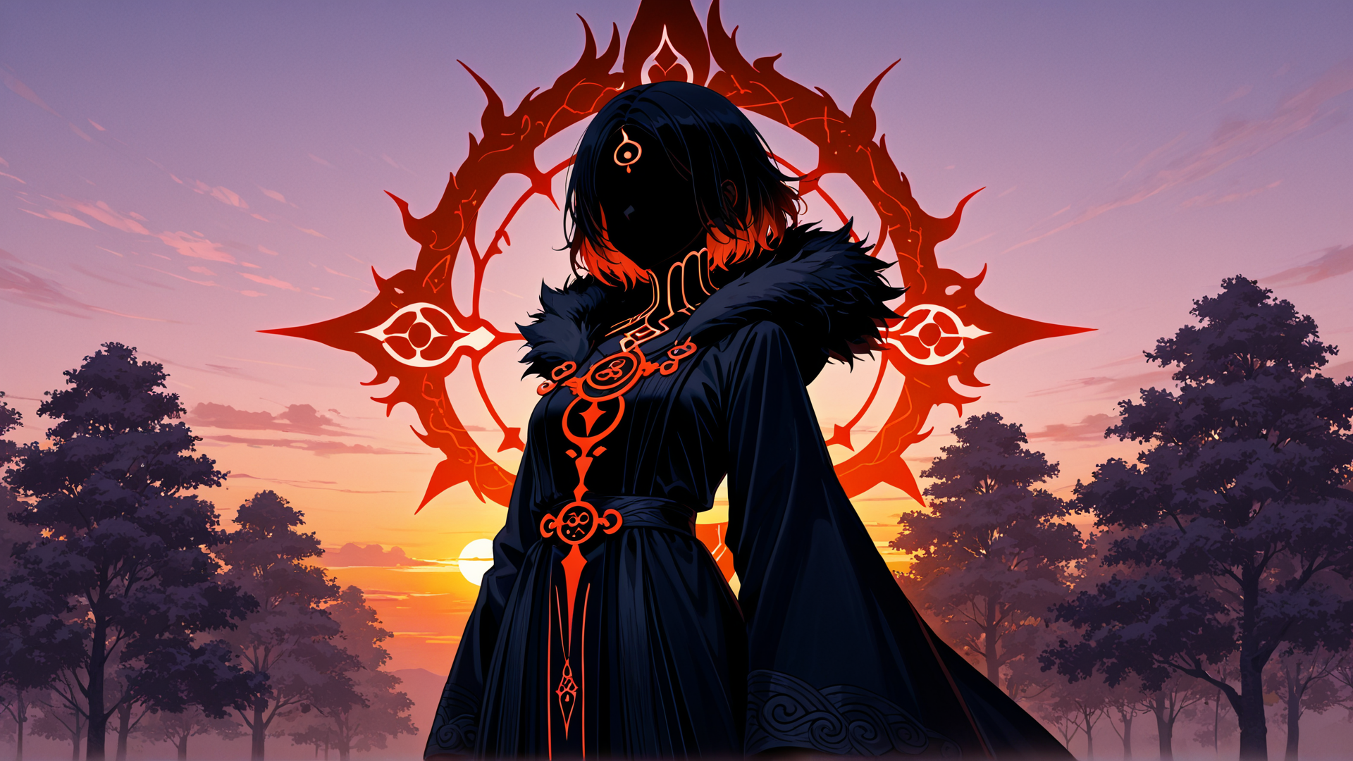 AI generated wallpaper featuring woman, sorceress, figure, silhouette, dress
