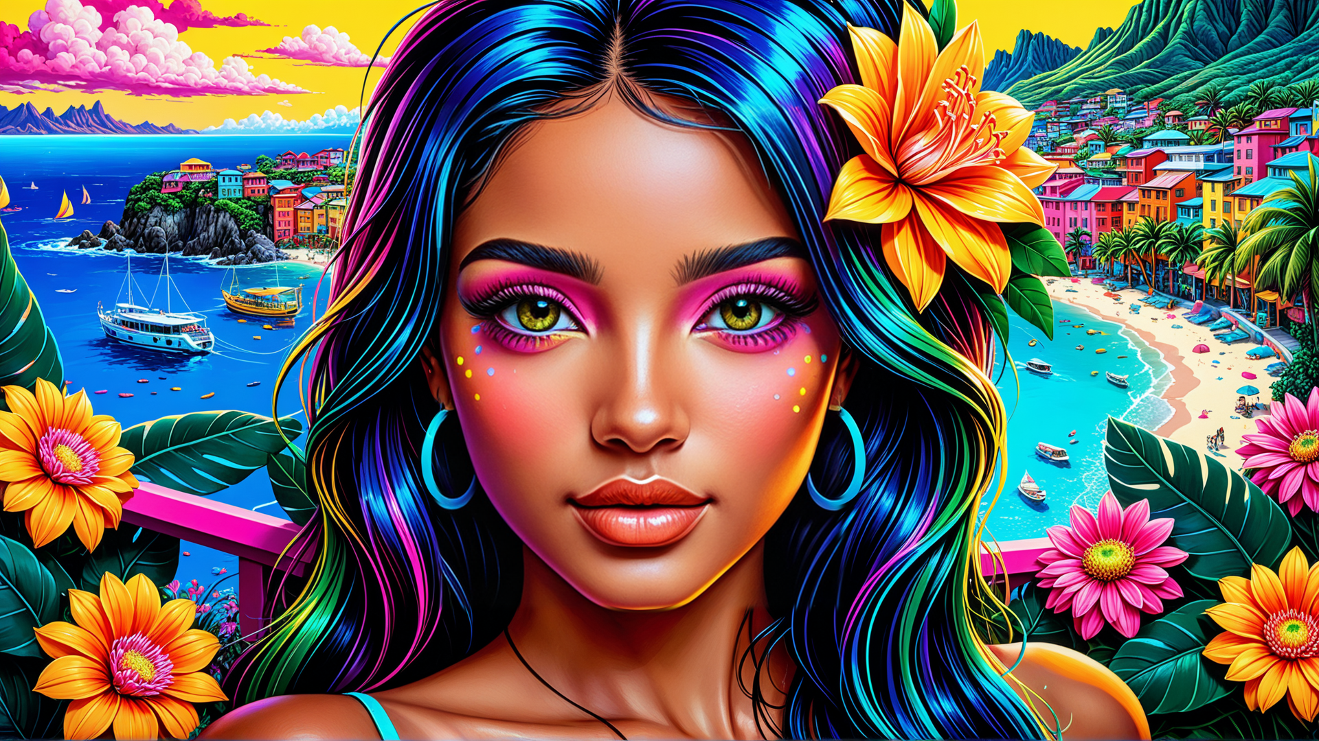 AI generated wallpaper featuring woman, flower, ocean, beach, hills, sunset, ship, house