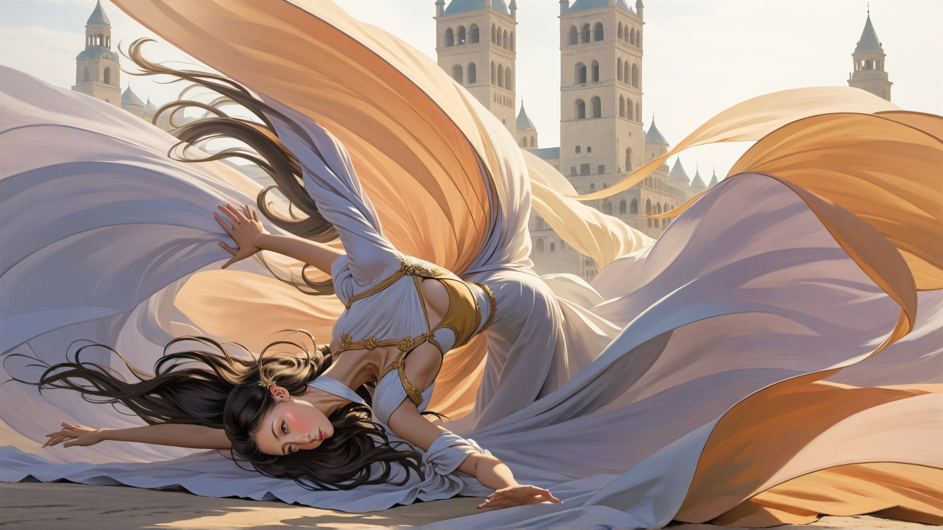 AI generated wallpaper featuring woman, fabric, building
