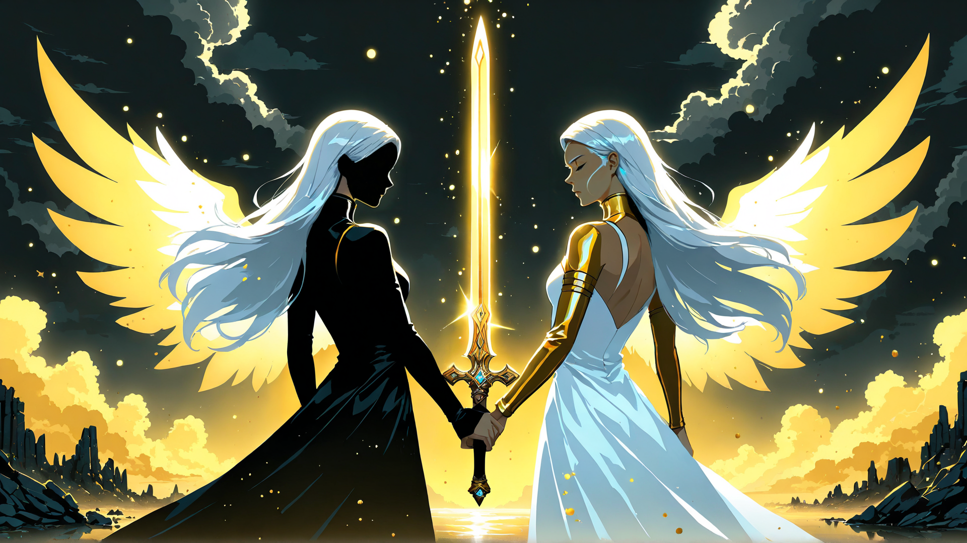 AI generated wallpaper featuring angel, sword, woman, wing, dress