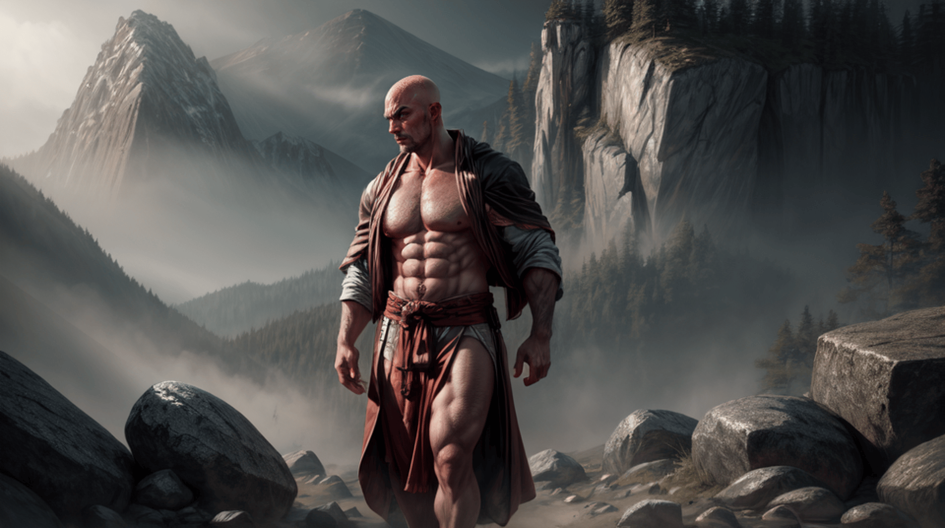 AI generated wallpaper featuring man, mountain, rock