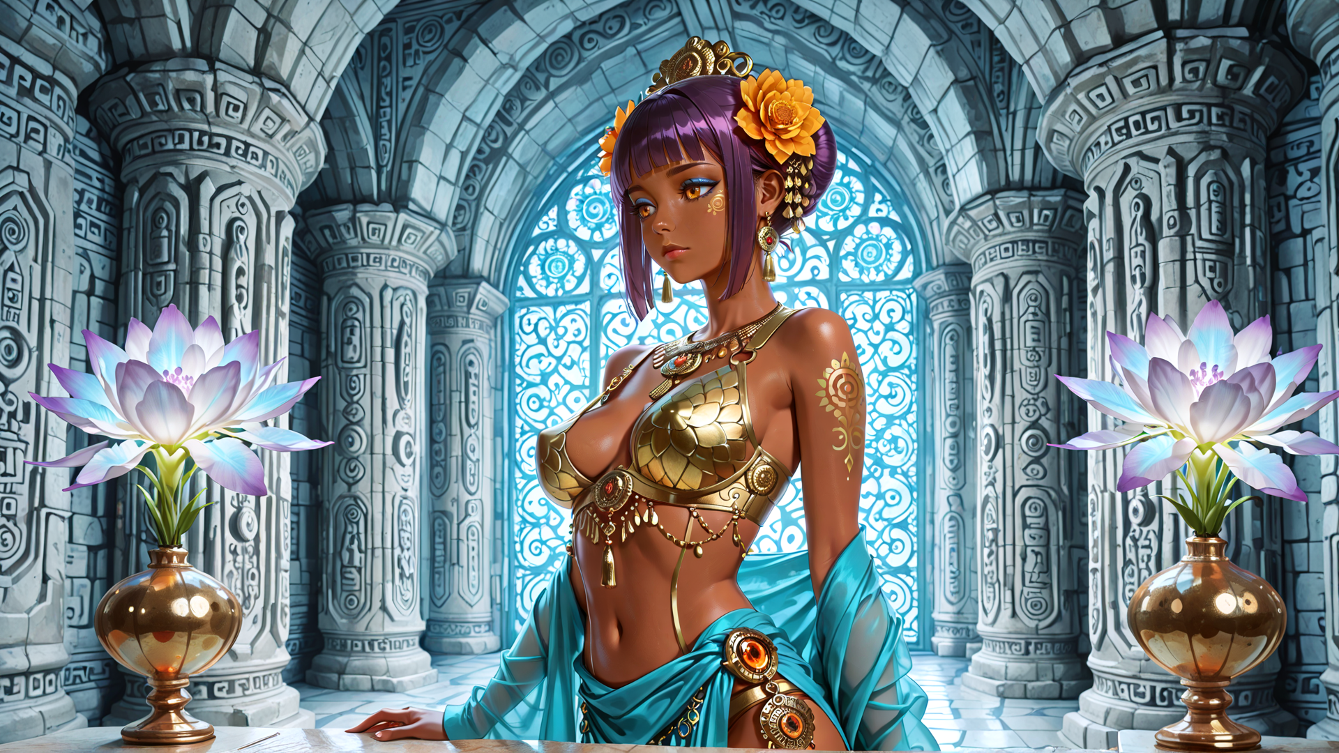 AI generated wallpaper featuring woman, lotus, columns, crown, jewelry, dress, vase, window