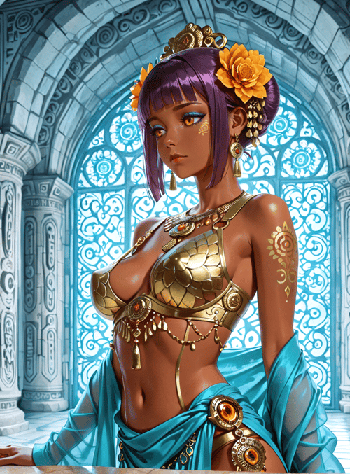 woman, lotus, columns, crown, jewelry, dress, vase, window