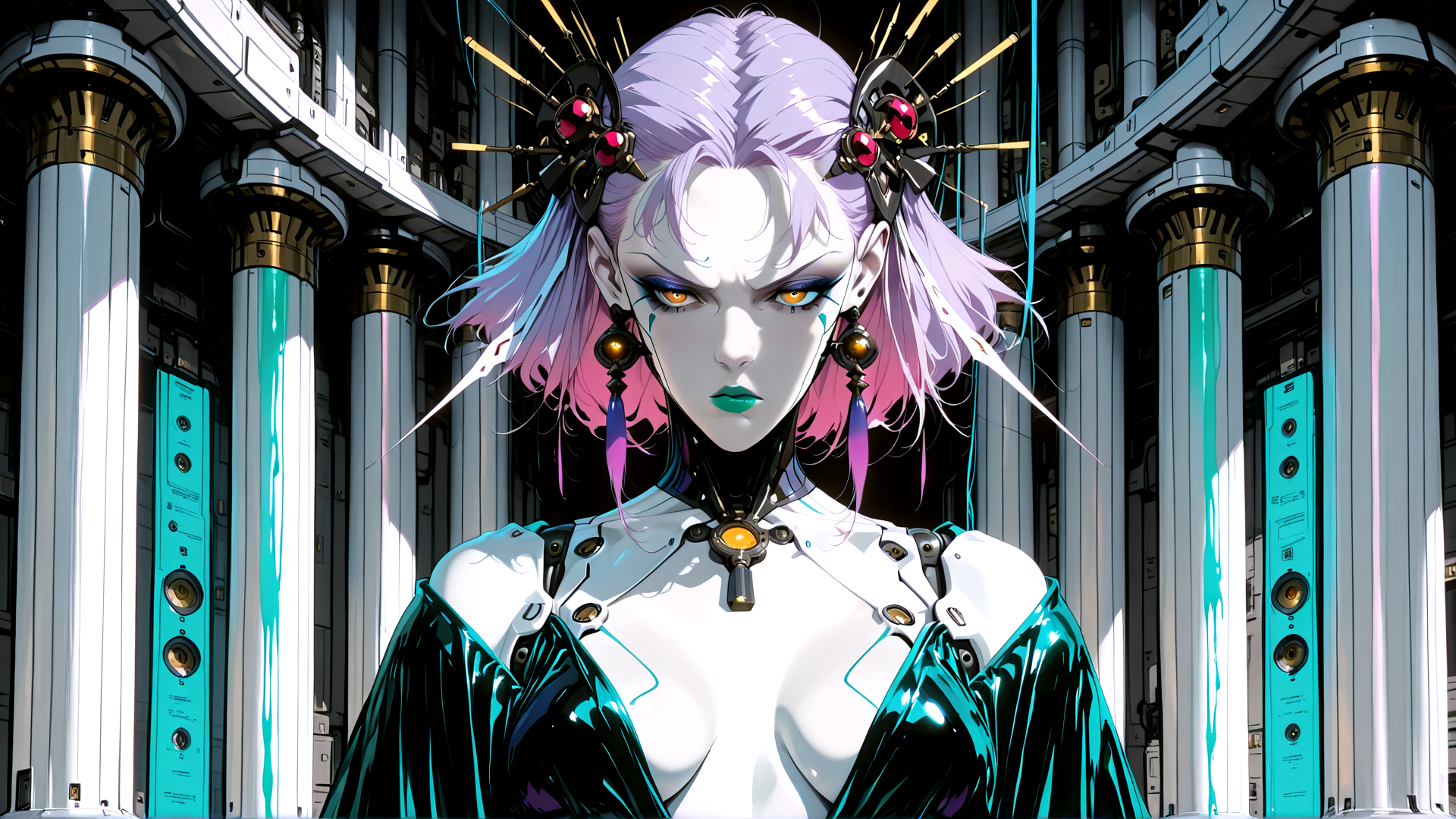 AI generated wallpaper featuring cyborg, female, robot, character, anime, person, figure, model, golem, entity