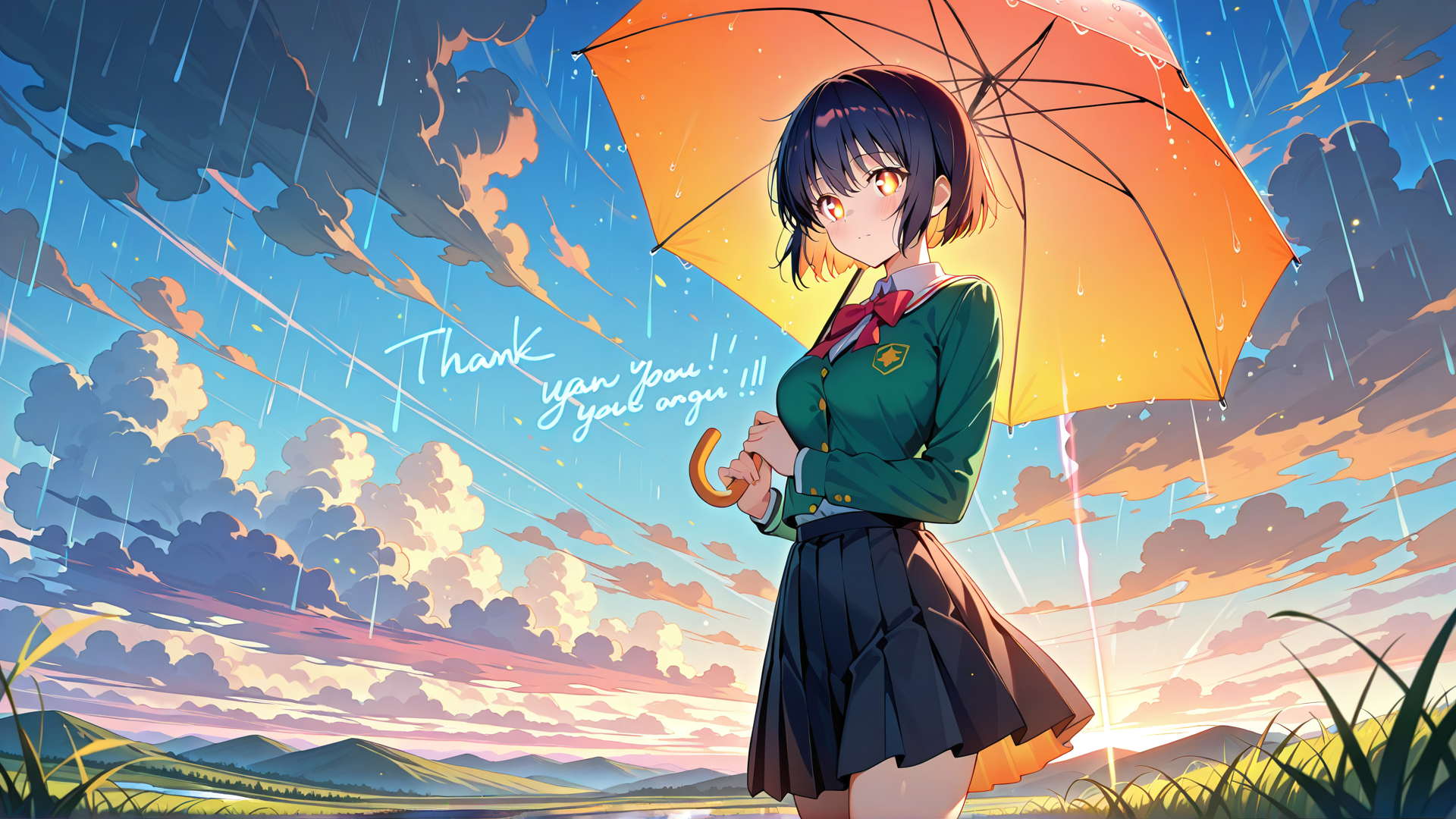 AI generated wallpaper featuring girl, umbrella, rain