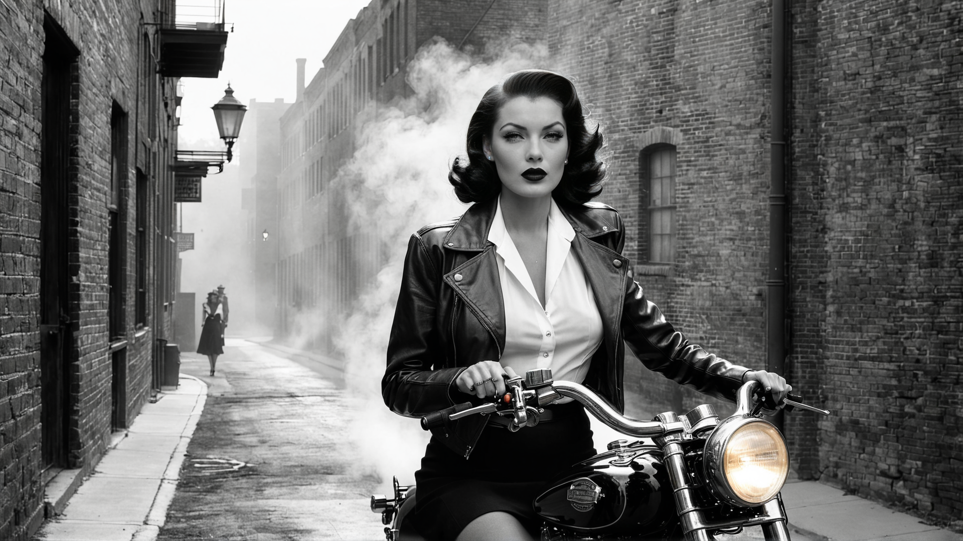 AI generated wallpaper featuring woman, motorcycle, alley