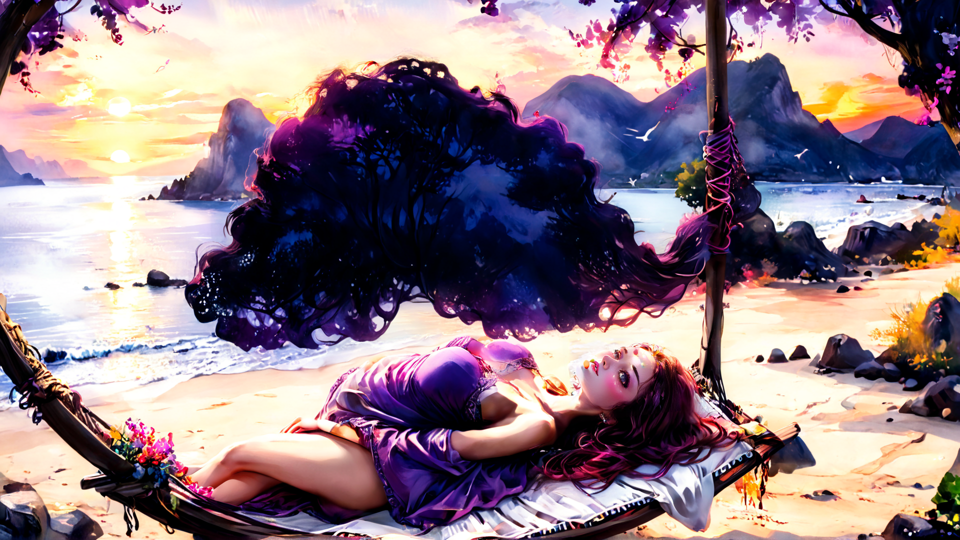 AI generated wallpaper featuring woman, sunset, beach
