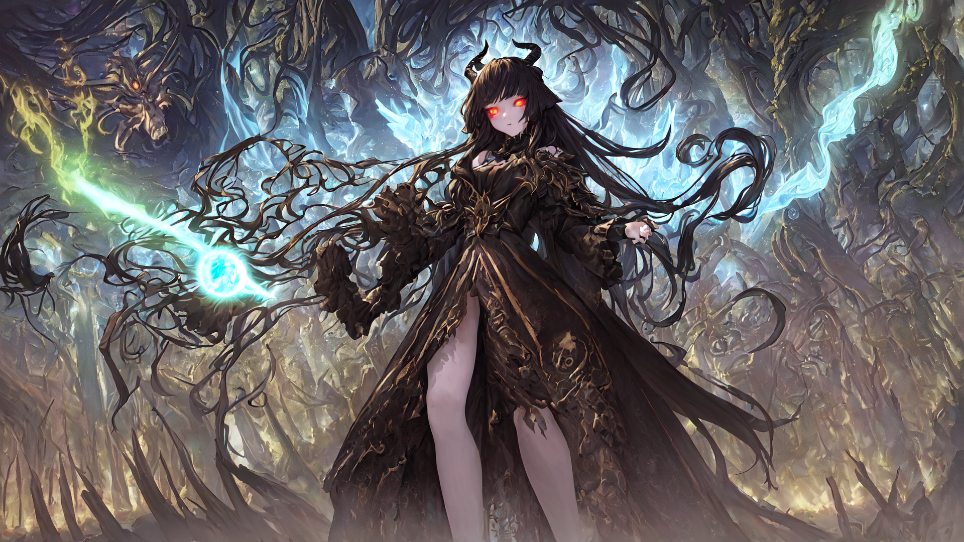 AI generated wallpaper featuring gothic witch, antler, dark forest