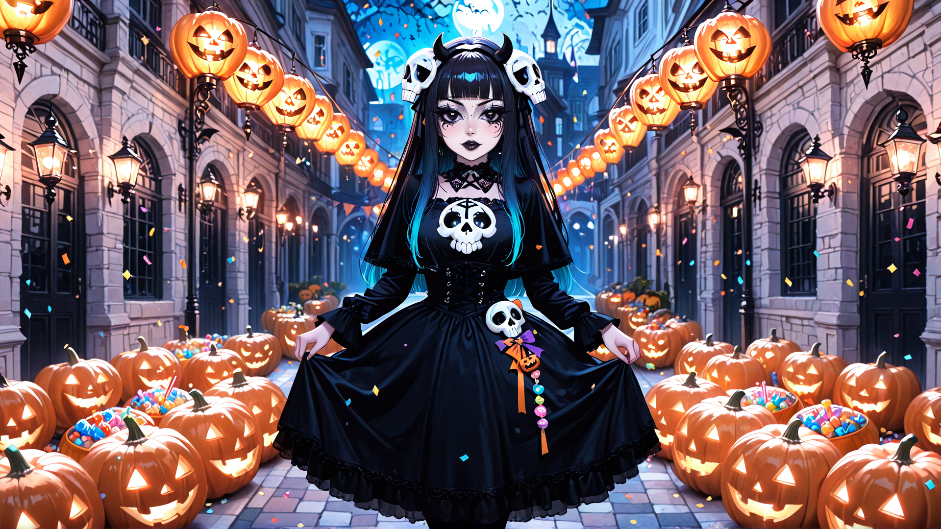 AI generated wallpaper featuring girl, pumpkins, lanterns, skull, costume, lantern, skeleton, candy, halloween, street