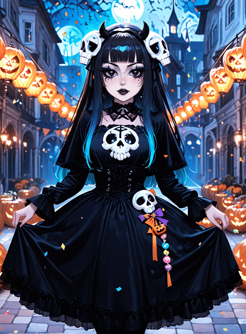 girl, pumpkins, lanterns, skull, costume, lantern, skeleton, candy, halloween, street