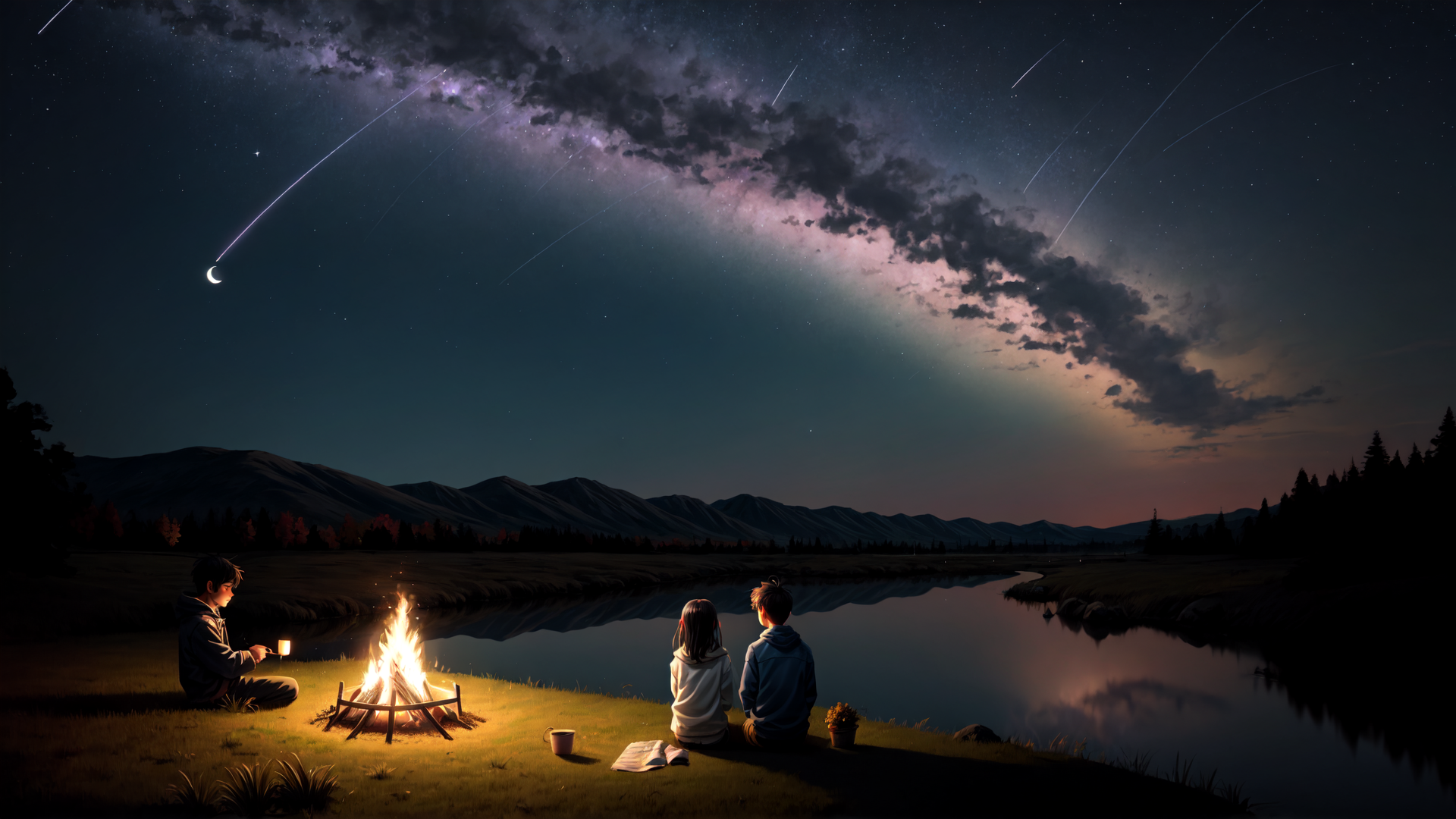 AI generated wallpaper featuring campfire, children, lake, mountains, stars, comet, moon, book, cup, grass