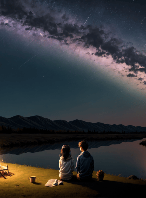 campfire, children, lake, mountains, stars, comet, moon, book, cup, grass