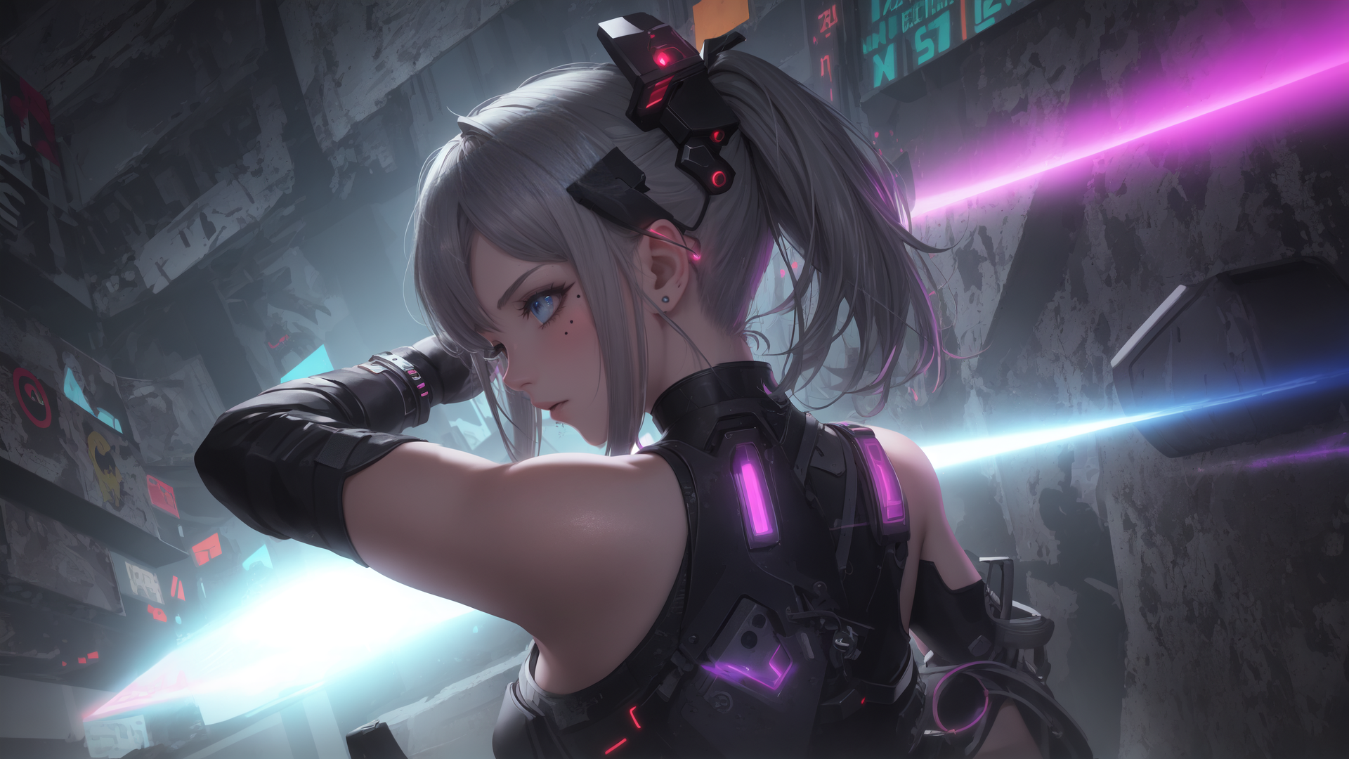 AI generated wallpaper featuring cyberpunk, girl, robot